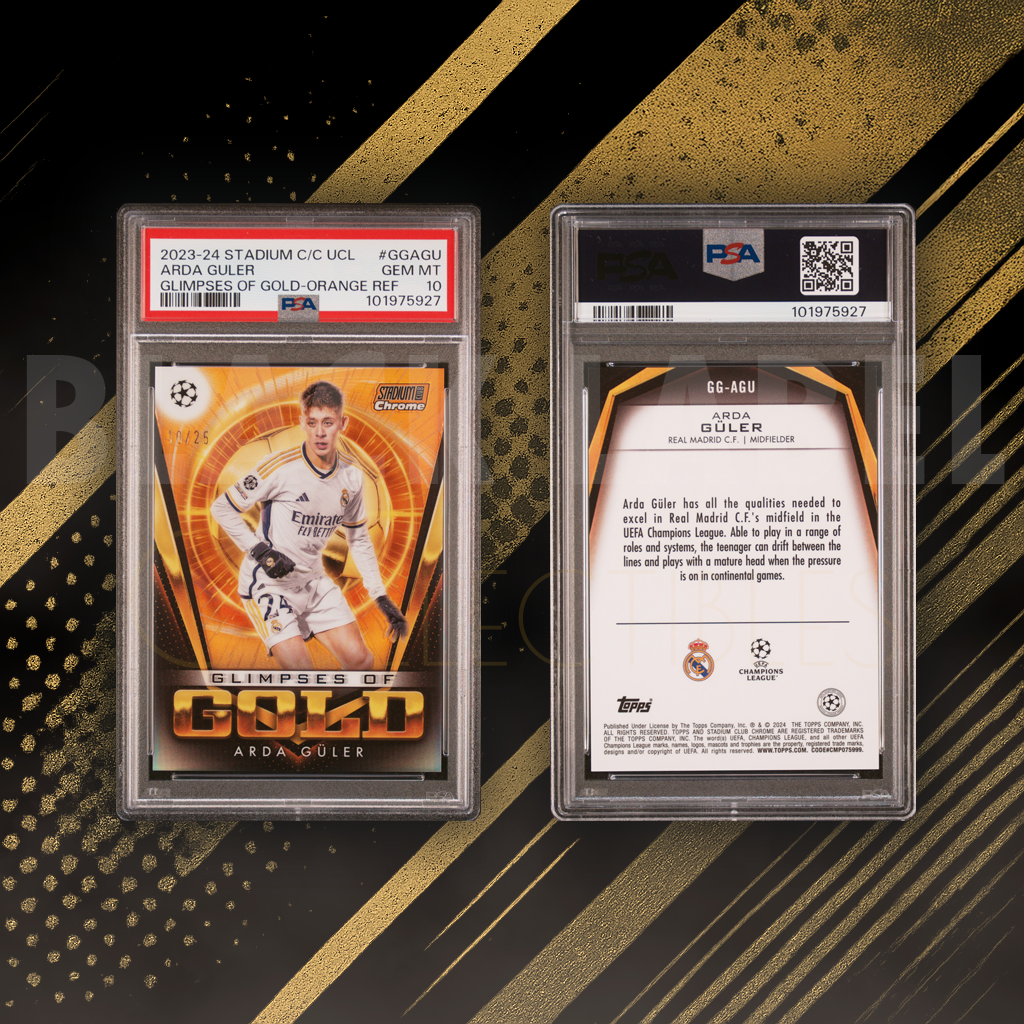 2023-24 Topps Stadium Club Chrome UEFA Glimpses of Gold #GGAGU Arda Güler Orange Ref /25 – PSA 10